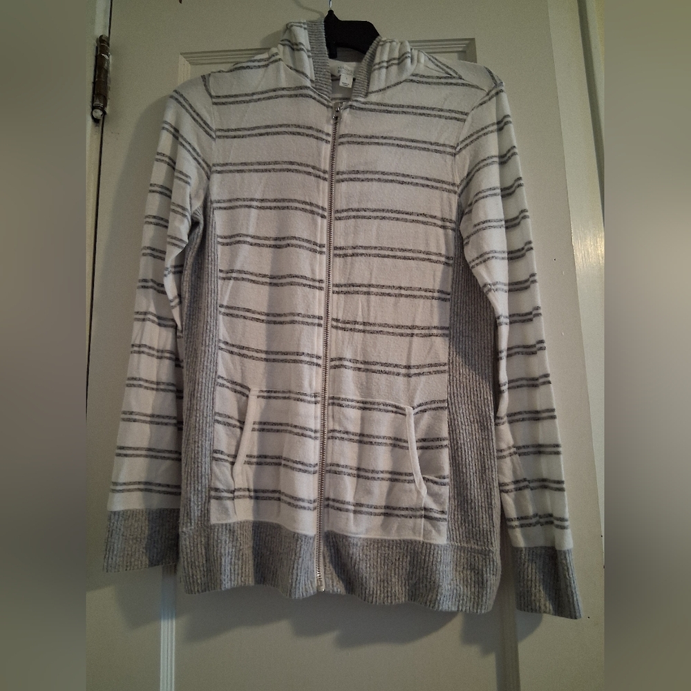 Striped Hooded White & Gray Sweater